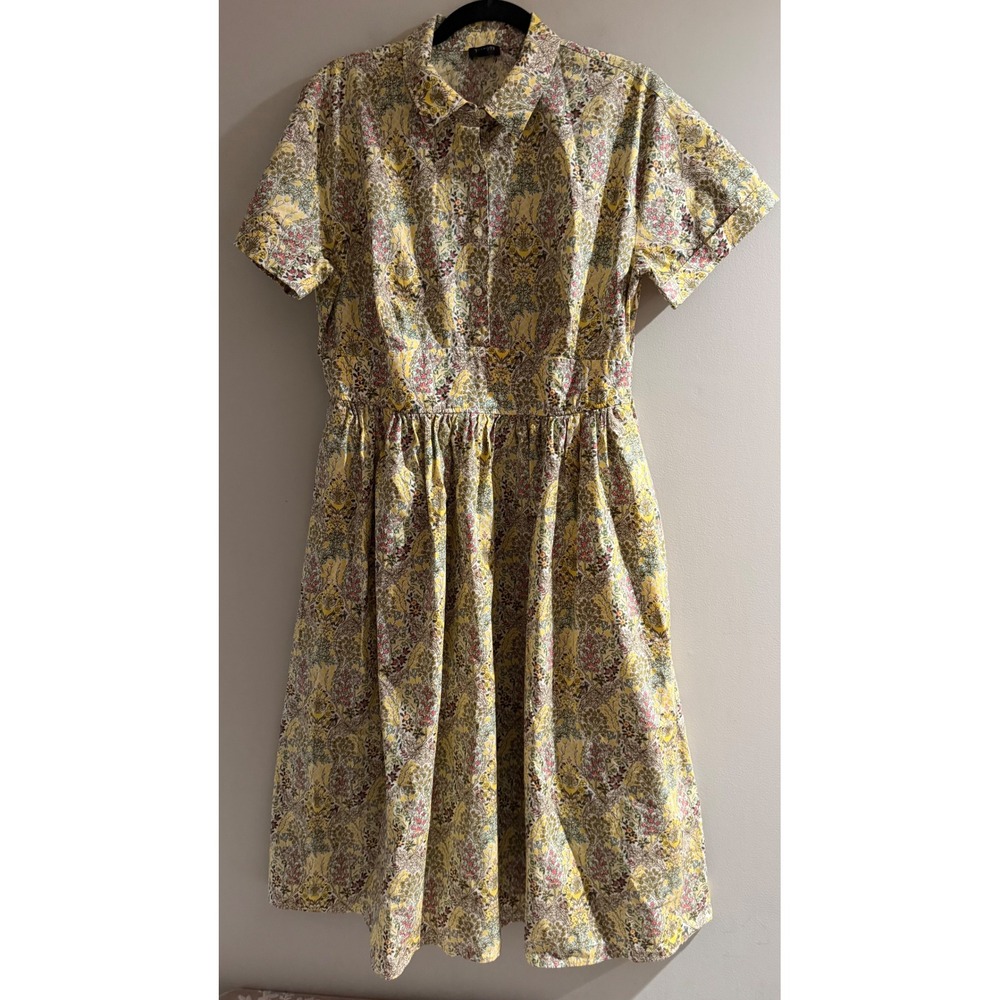 Talbots Shirt Dress Womens 14P Yellow Floral Bird Smocked Back Midi Excellent
